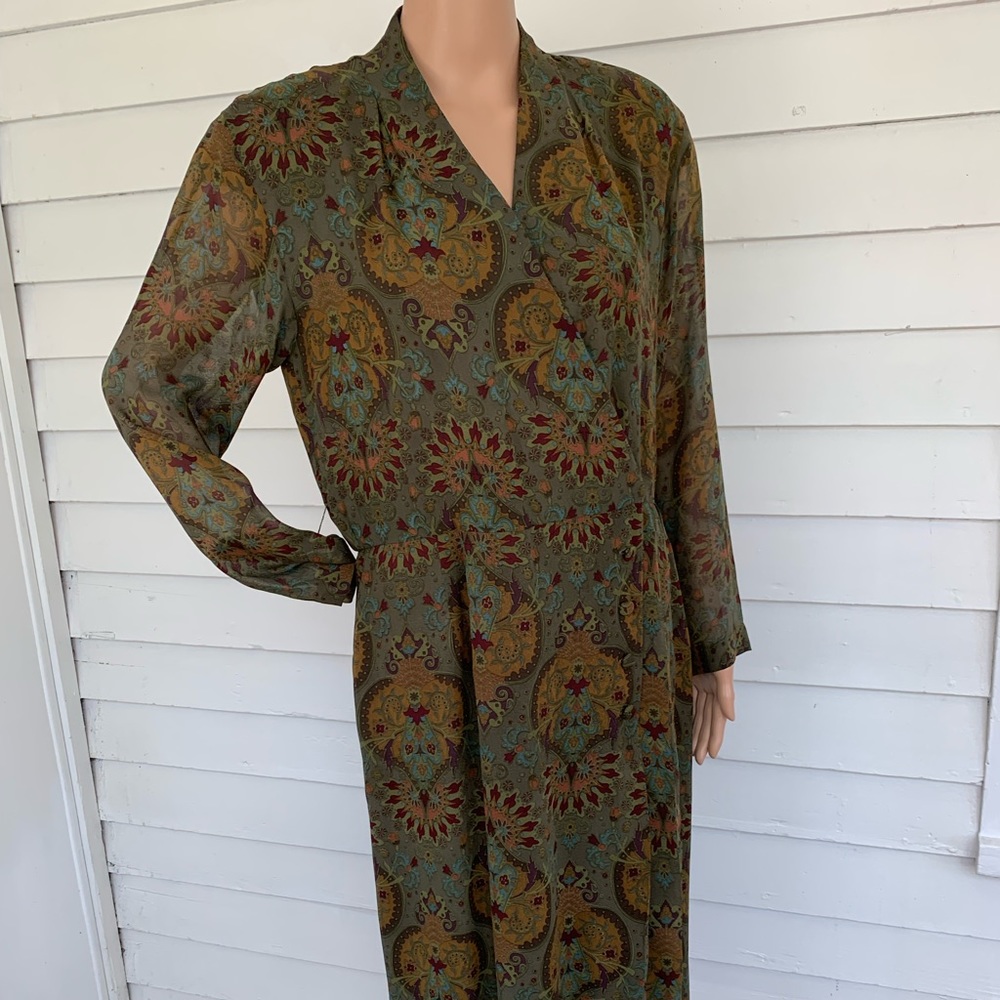 Vintage 80s Olive Green Silk Print Dress 10 Long Sleeve - Picture 6 of 12